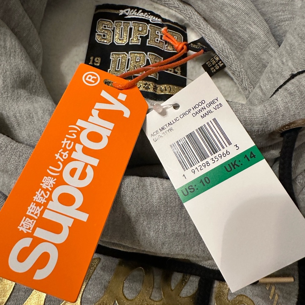 Superdry Ace Metal Crop Hoodie - NWT - Size 10 Gray Hoodie with Gold Logo - Picture 12 of 16